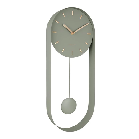 Green wall clock with pendulum on a white background