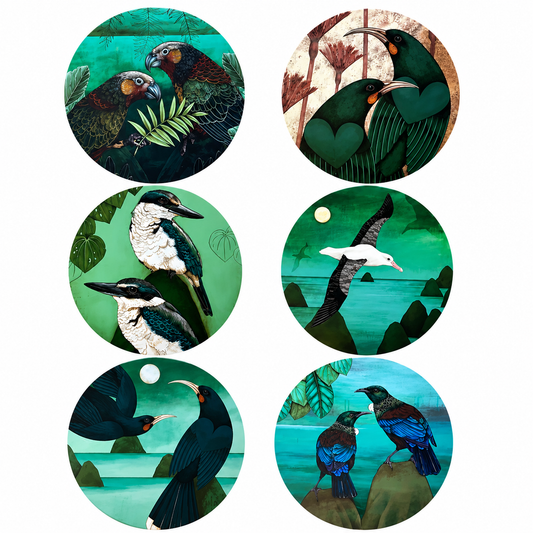 Six circular art prints featuring different Australian bird illustrations, arranged in a 2x3 grid on a white background.