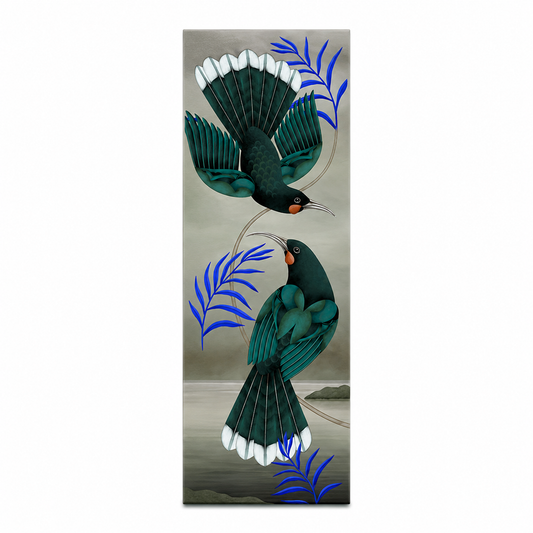 A vertical art print featuring two green and black birds with white-tipped wings and blue leaves on a muted gray-brown background.