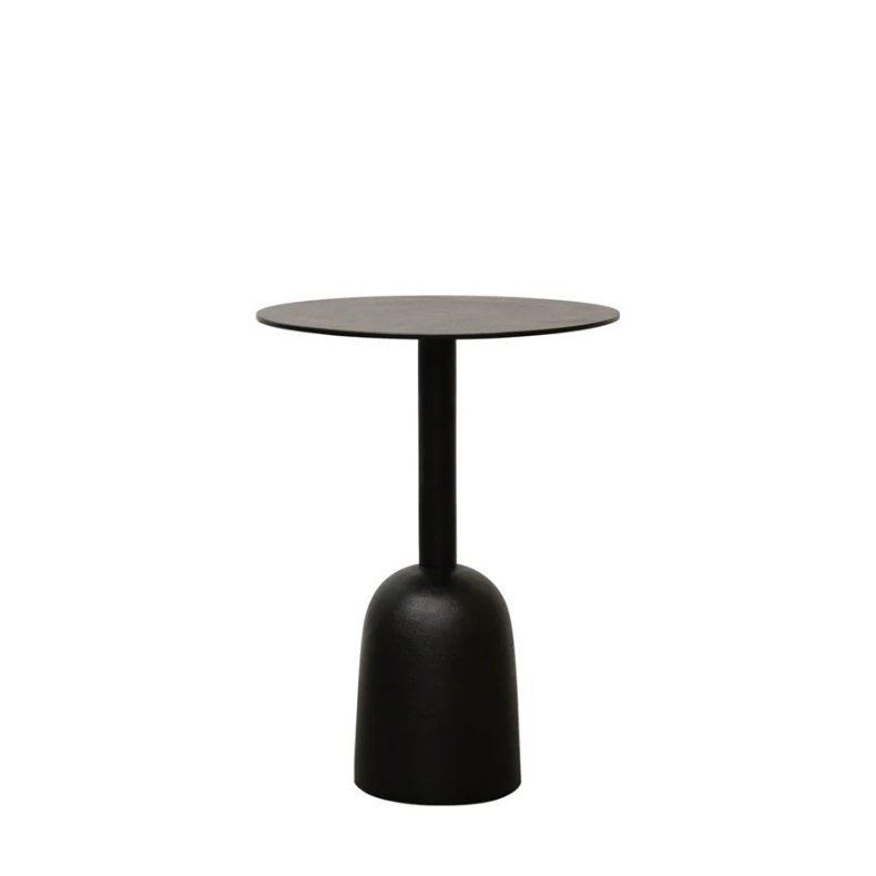 A modern black side table with a round top, a single central pedestal stem, and a bell-shaped base.