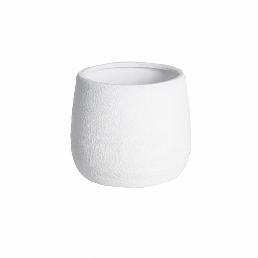 A small, textured white ceramic planter pot with a wide rim