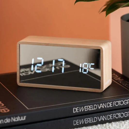 Karlsson Silver Mirror LED Alarm Clock Light Wood