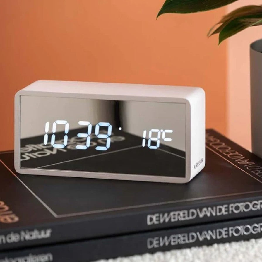 Karlsson Silver Mirror LED Alarm Clock White Wood