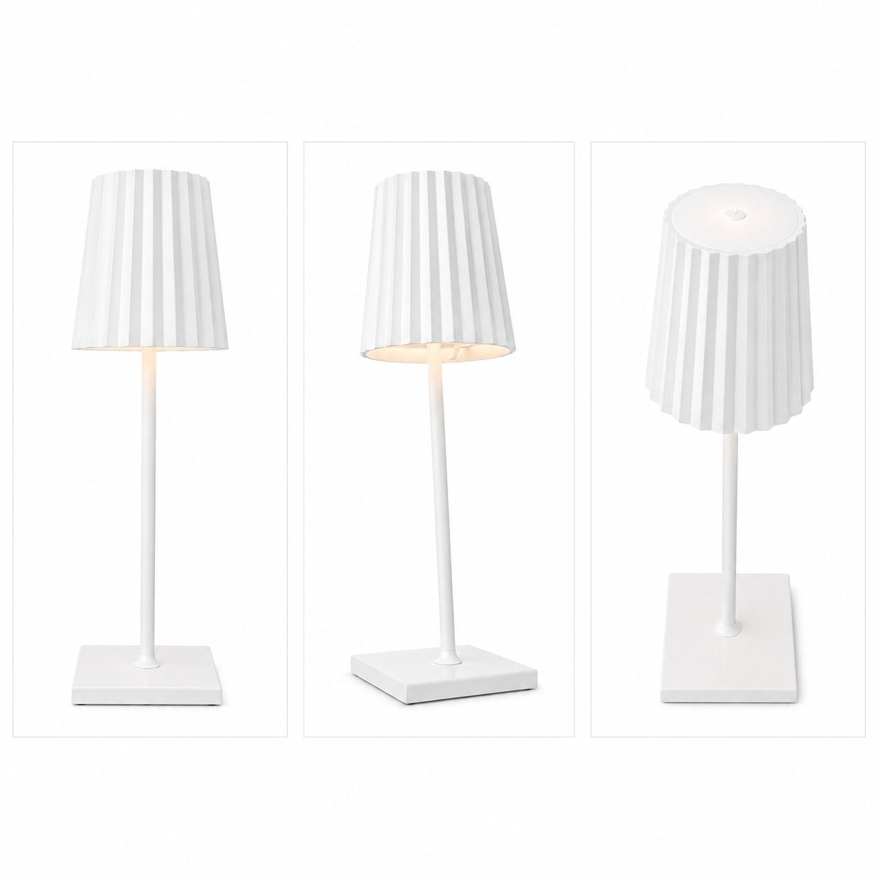 Three views of a modern white table lamp with a pleated conical shade, slim stem, and square base, shown on a white background.