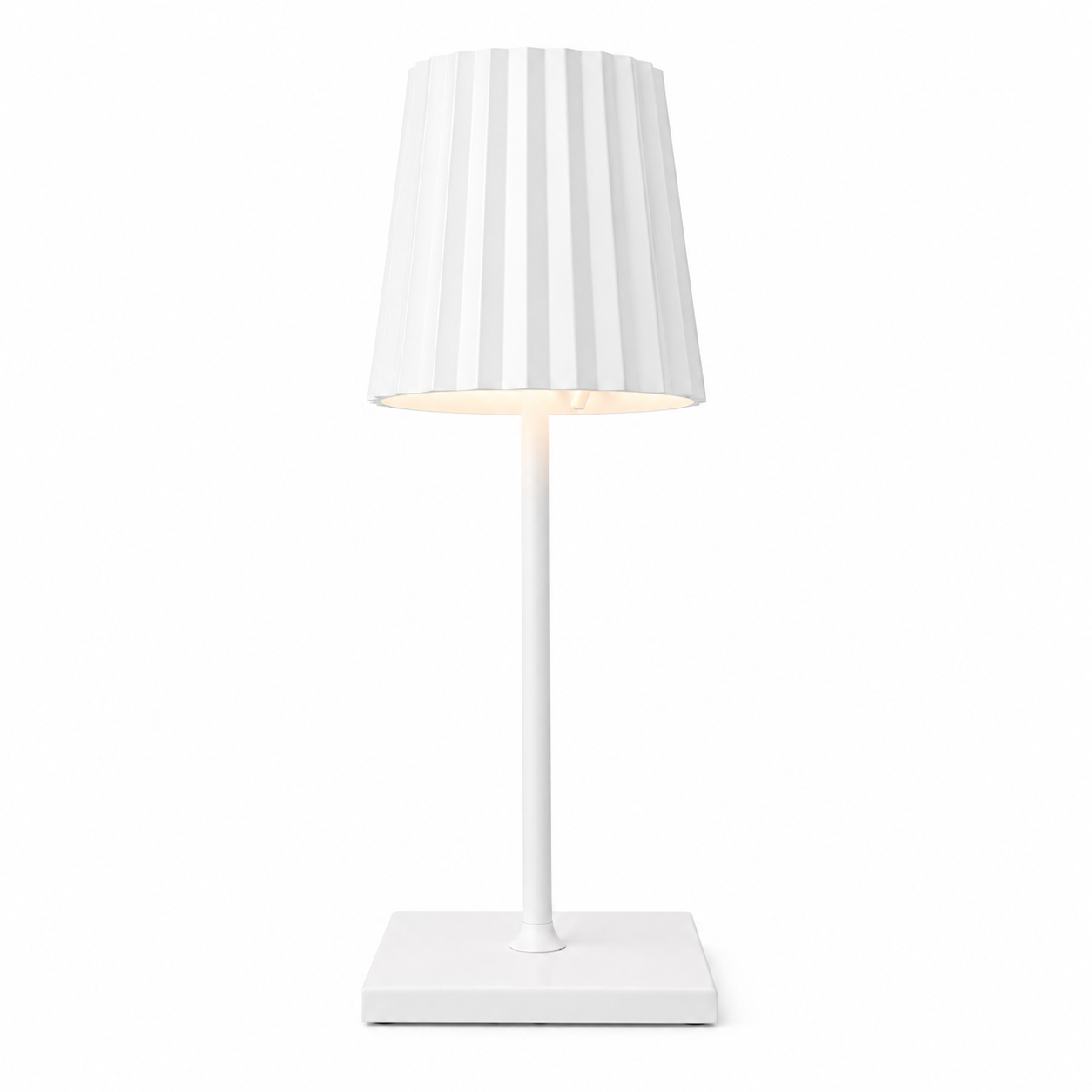 A modern white table lamp with a pleated conical shade, a slim cylindrical stem, and a square base, 