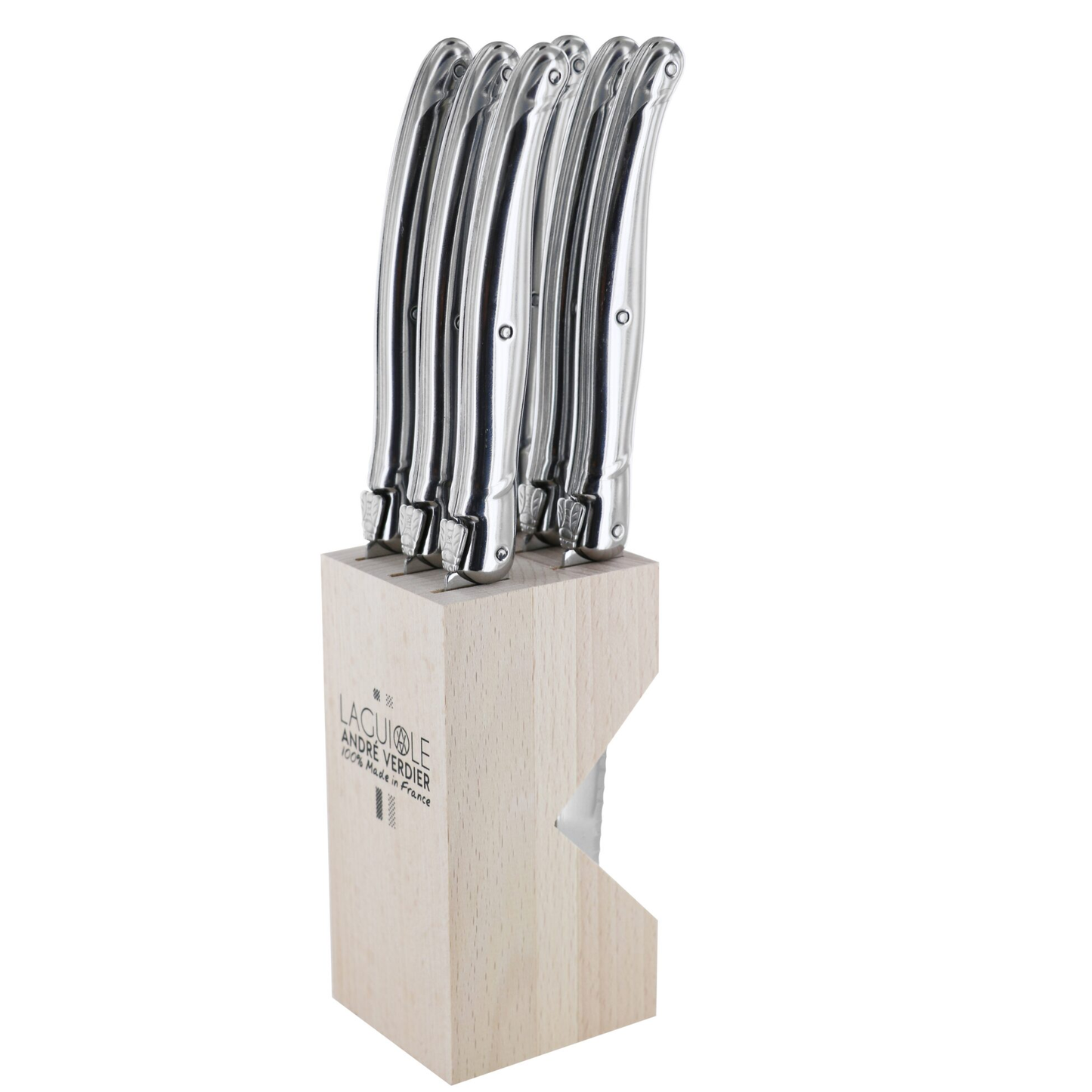 A 5-piece kitchen knife set with polished stainless steel handles and a light natural wood block.
