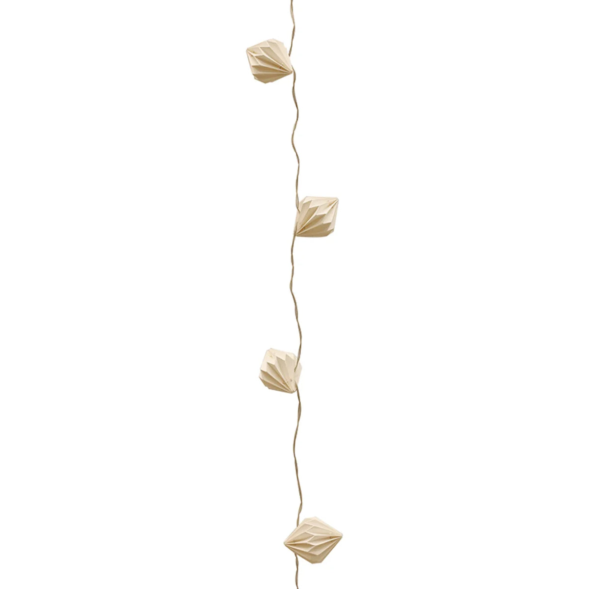 A vertical string of faceted, cream-colored paper lantern-style lights on a thin cord, 