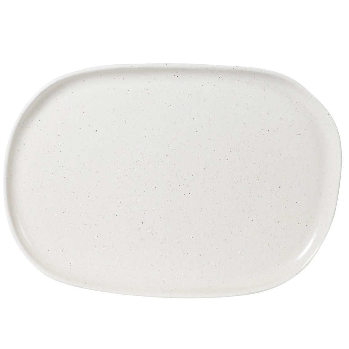 A natural finish oblong stoneware platter with a mottled appearance.