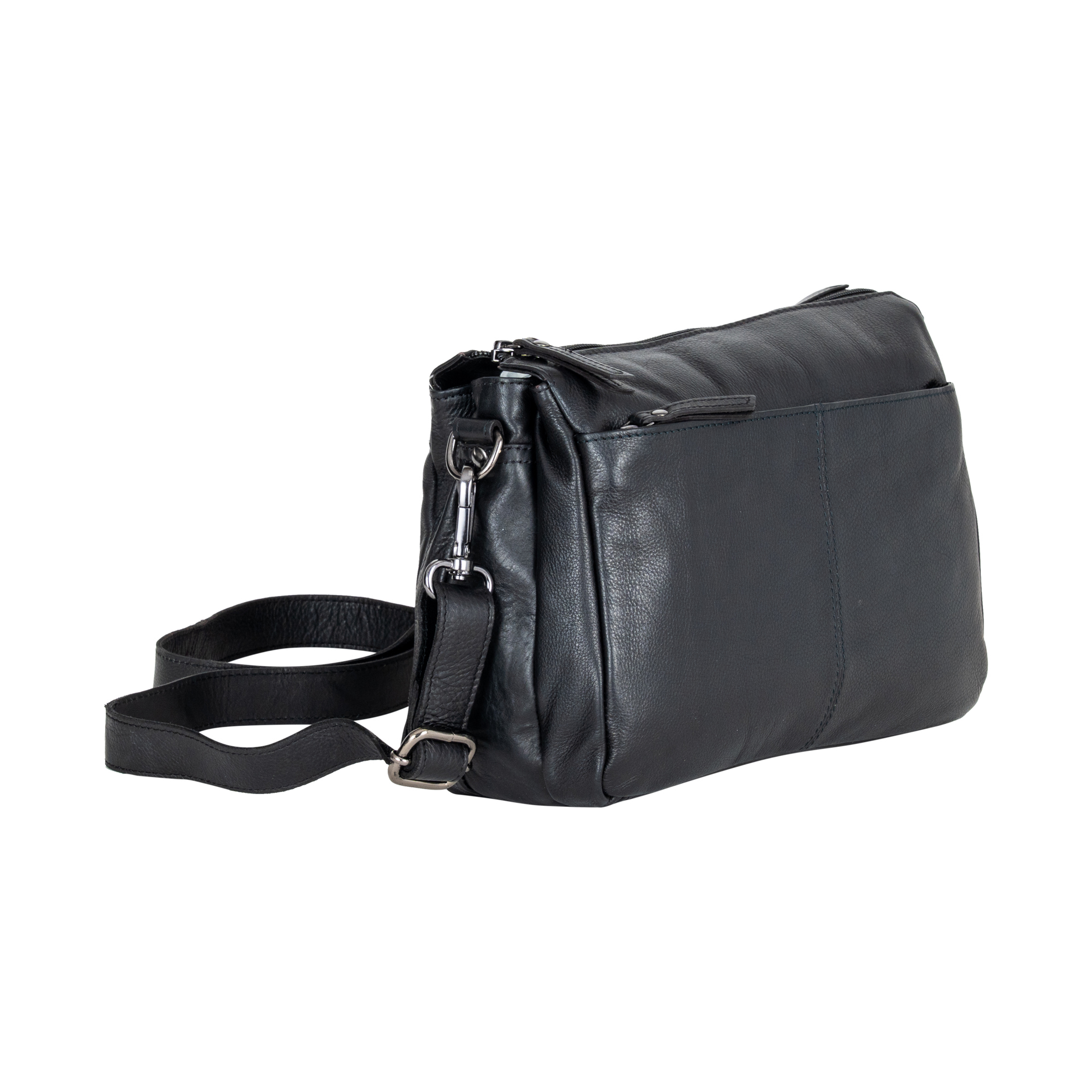 Black leather handbag with a strap