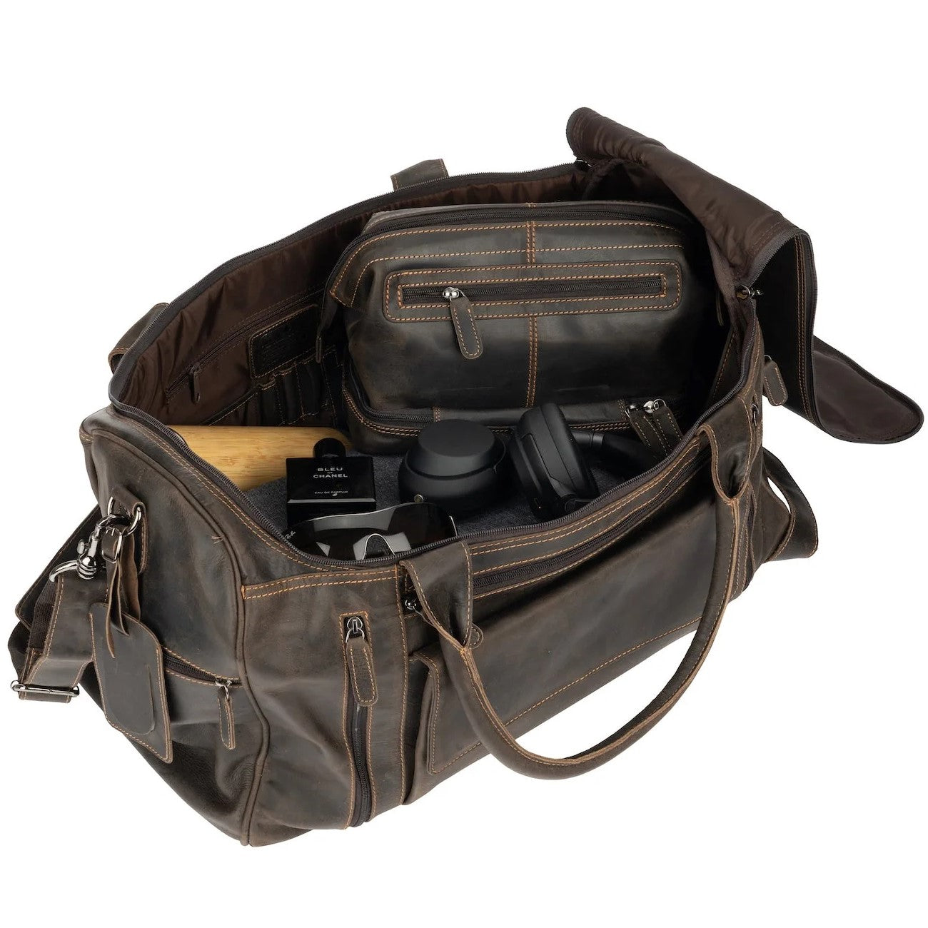 A large brown leather duffel bag with a smooth zipper, adjustable strap, and a padded compartment for laptops or similar sized devices.