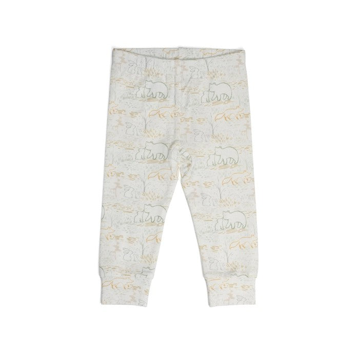 Cotton baby leggings with a playful animal print featuring bunny, fox, and bear cubs, in a color palette suitable for newborns.