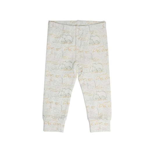 Cotton baby leggings with a playful animal print featuring bunny, fox, and bear cubs, in a color palette suitable for newborns.