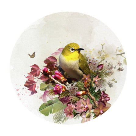 Decorative print with a bird and floral design on a white background