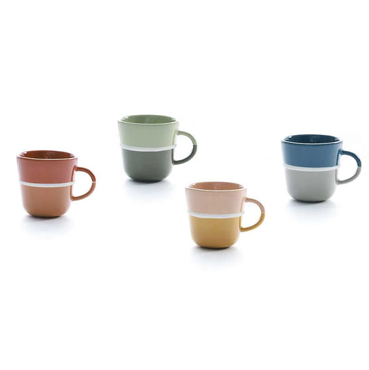 A set of four stacked espresso cups in different colors, including blue, green, brown, and pink.