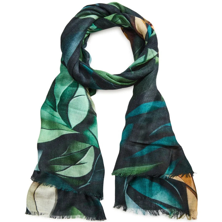 A lightweight scarf with a floral pattern in shades of green and black.