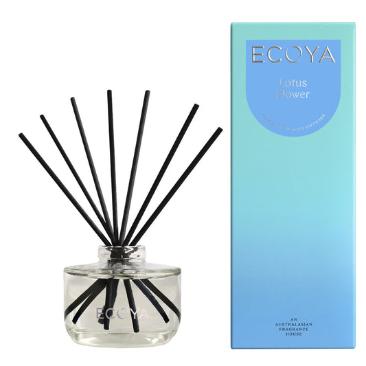 Ecoya Lotus Flower diffuser with black reeds and a blue box