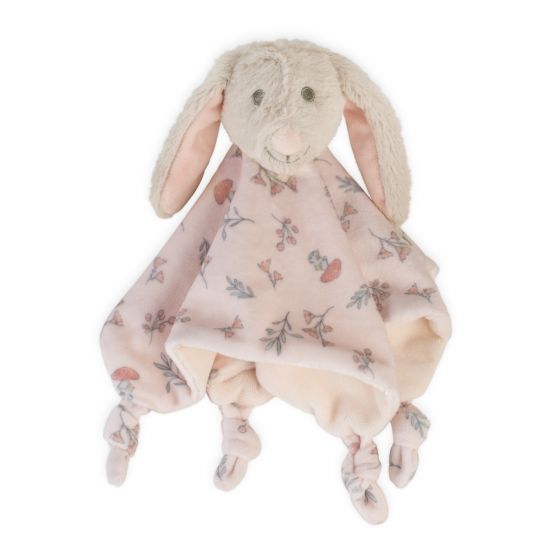 Plush baby comforter toy in the shape of a bunny with a floral pattern on the dress and a soft polyester head