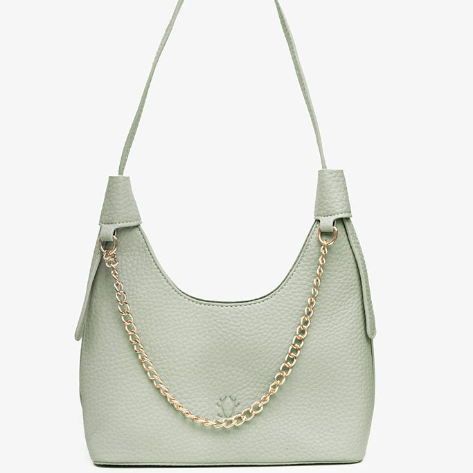 Light green handbag with a gold chain 
