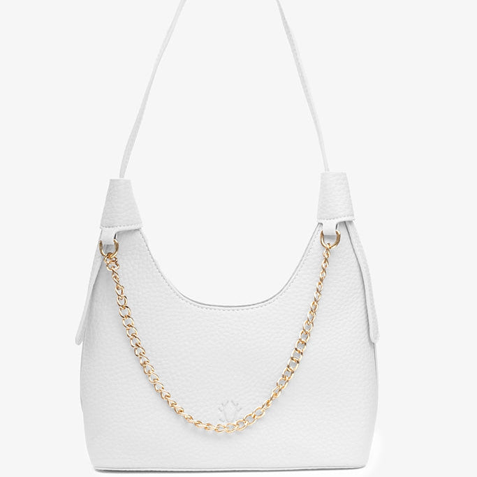 White handbag with gold chain 