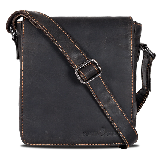 Black leather crossbody bag with brown stitching