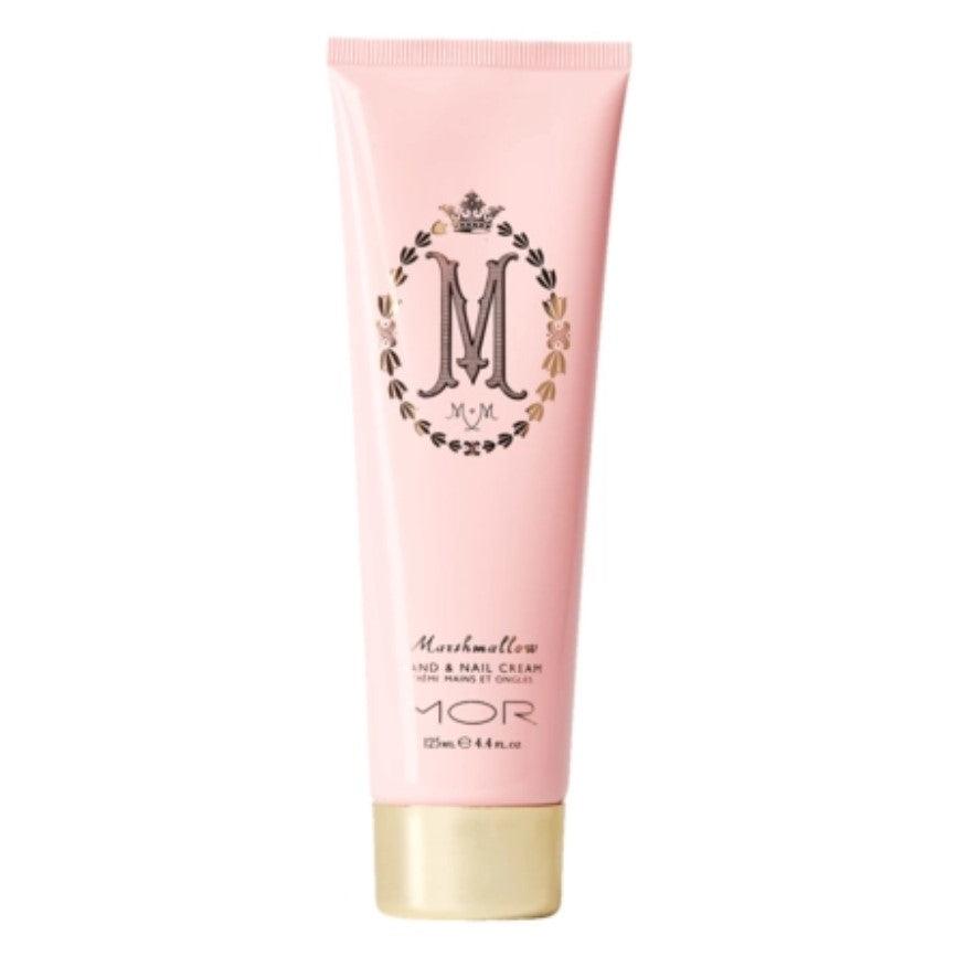 A pink tube of MOR Marshmallow Hand & Nail Cream with a decorative logo and the product name displayed.