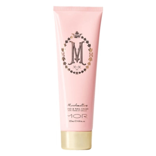 A pink tube of MOR Marshmallow Hand & Nail Cream with a decorative logo and the product name displayed.