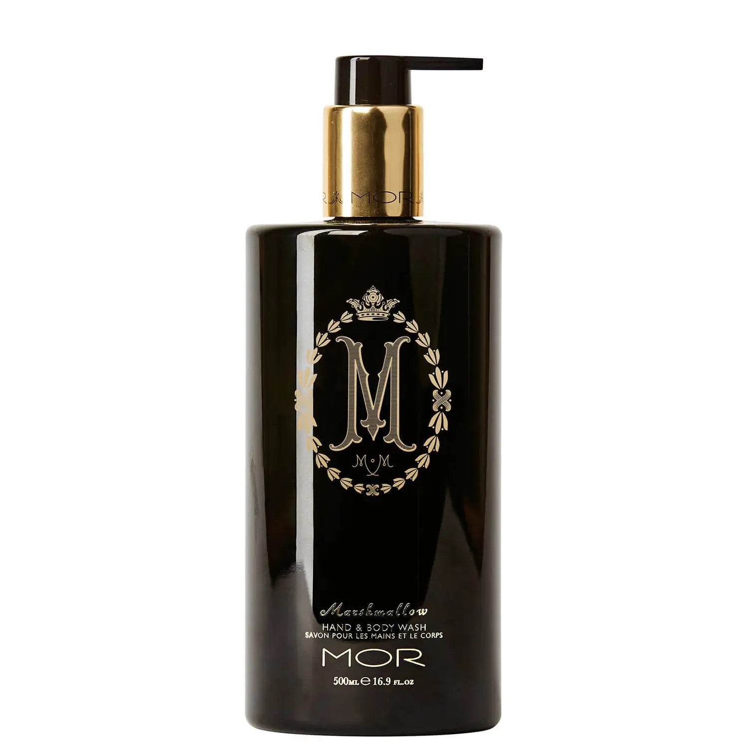 A black pump bottle of MOR Marshmallow Hand/Body Wash with gold accents and white text. 
