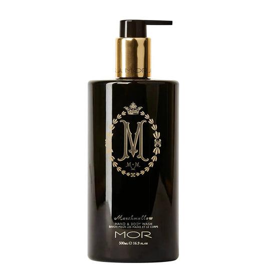 A black pump bottle of MOR Marshmallow Hand/Body Wash with gold accents and white text. 
