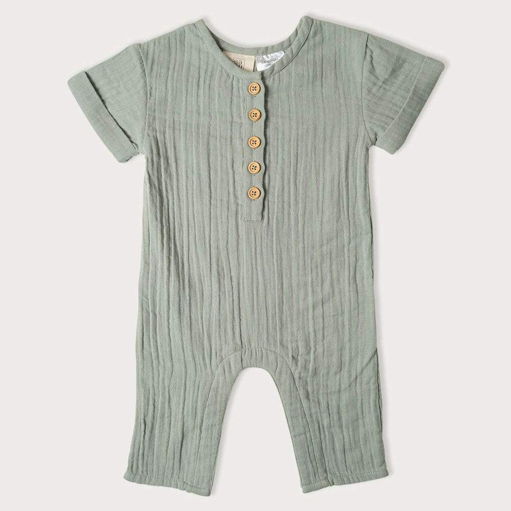A green striped muslin romper with short sleeves, wooden buttons, and snap domes for babies.

