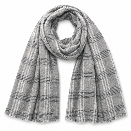 A Merino Wool Cashmere grey and white plaid scarf with fringed edges,