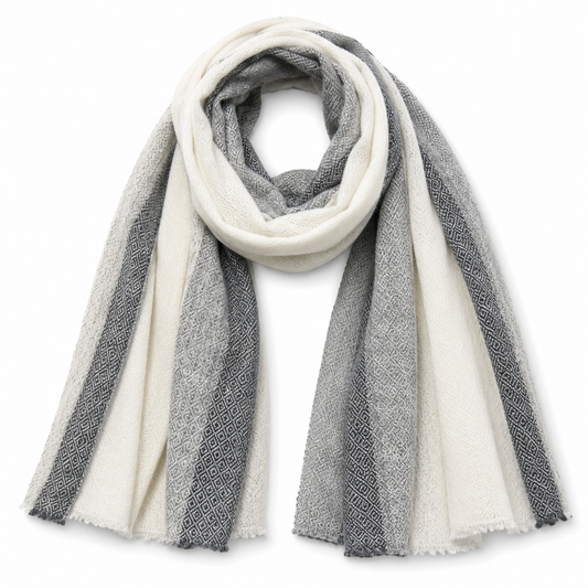 A Merino Wool Cashmere scarf with alternating wide stripes of cream white and textured grey 