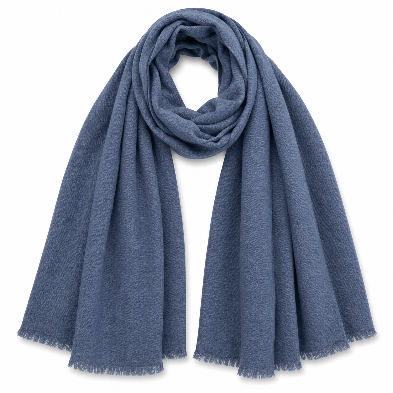 A dusty blue Merino Wool Cashmere scarf with fringed edges,