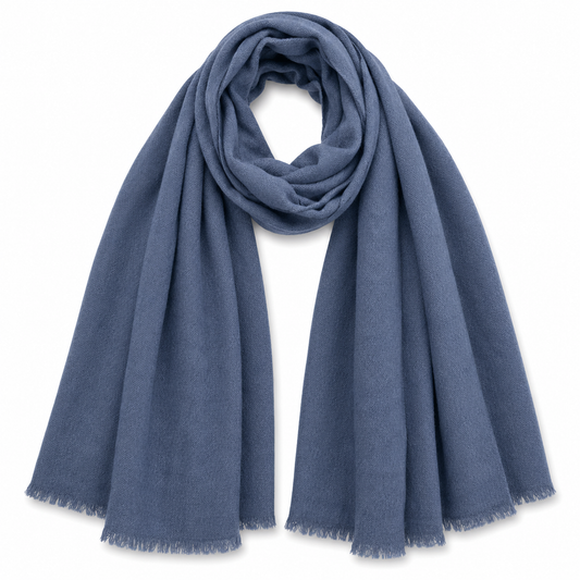 A dusty blue Merino Wool Cashmere scarf with fringed edges,