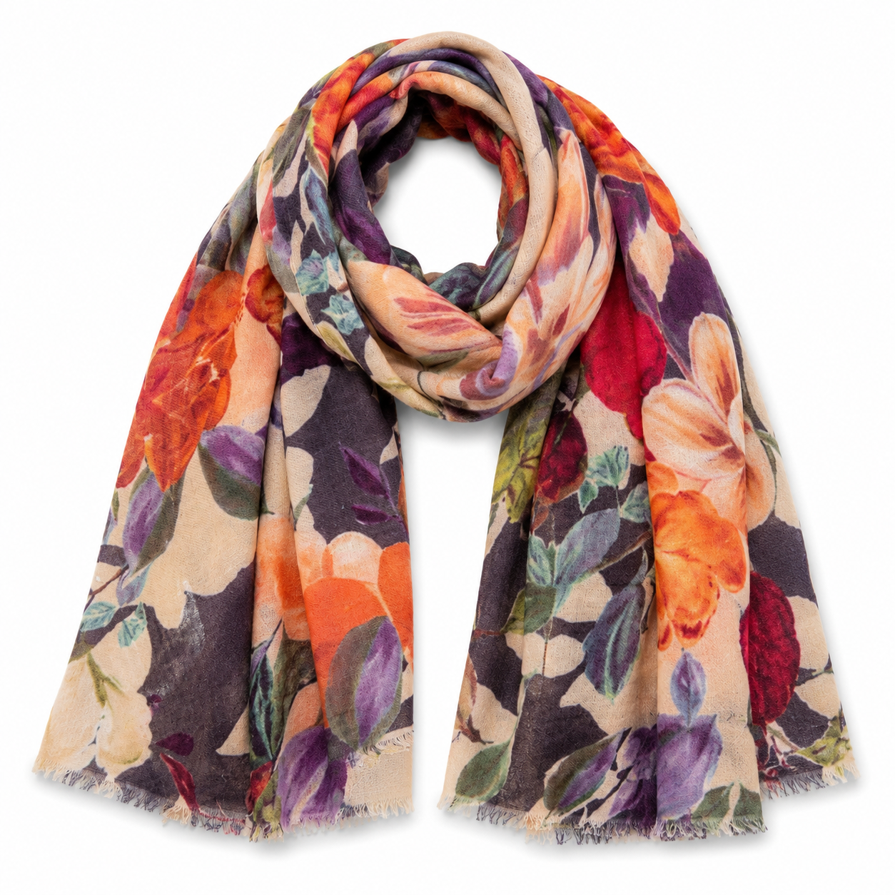 A lightweigh Merino Wool Scarf with a large watercolor floral print in orange, red, purple, green, and beige, featuring fringed edge