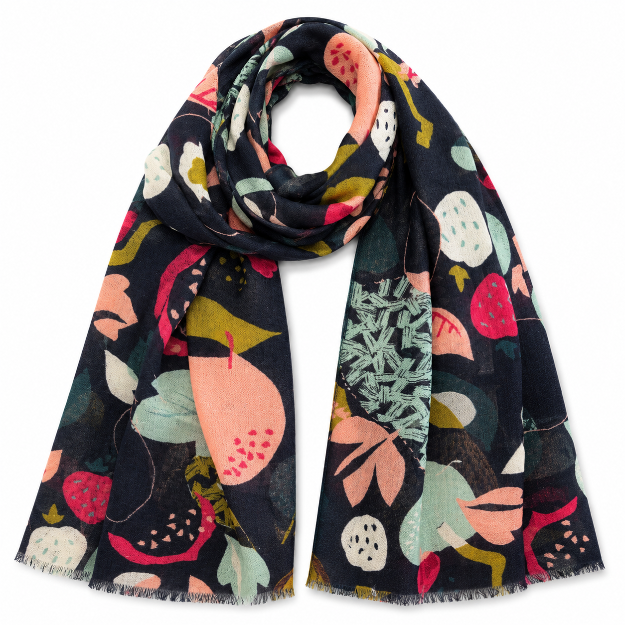 A lightweight merino wool scarf with a dark navy blue base and a colorful botanical print featuring pink, red, green, and white leaves and fruit motifs,