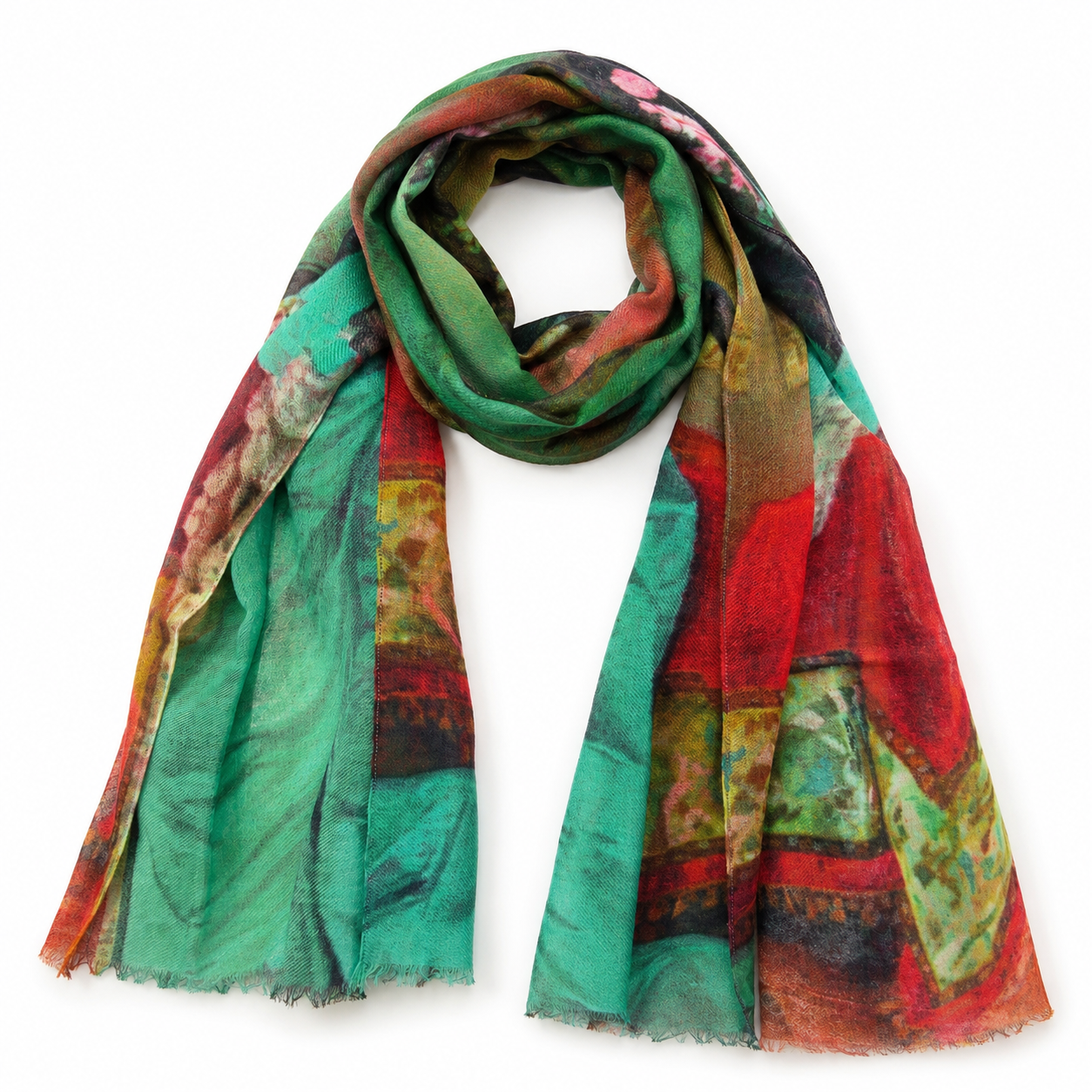 A lightweight Merino Wool Scarf with a multicolor abstract patchwork print, featuring shades of green, red, brown, and black