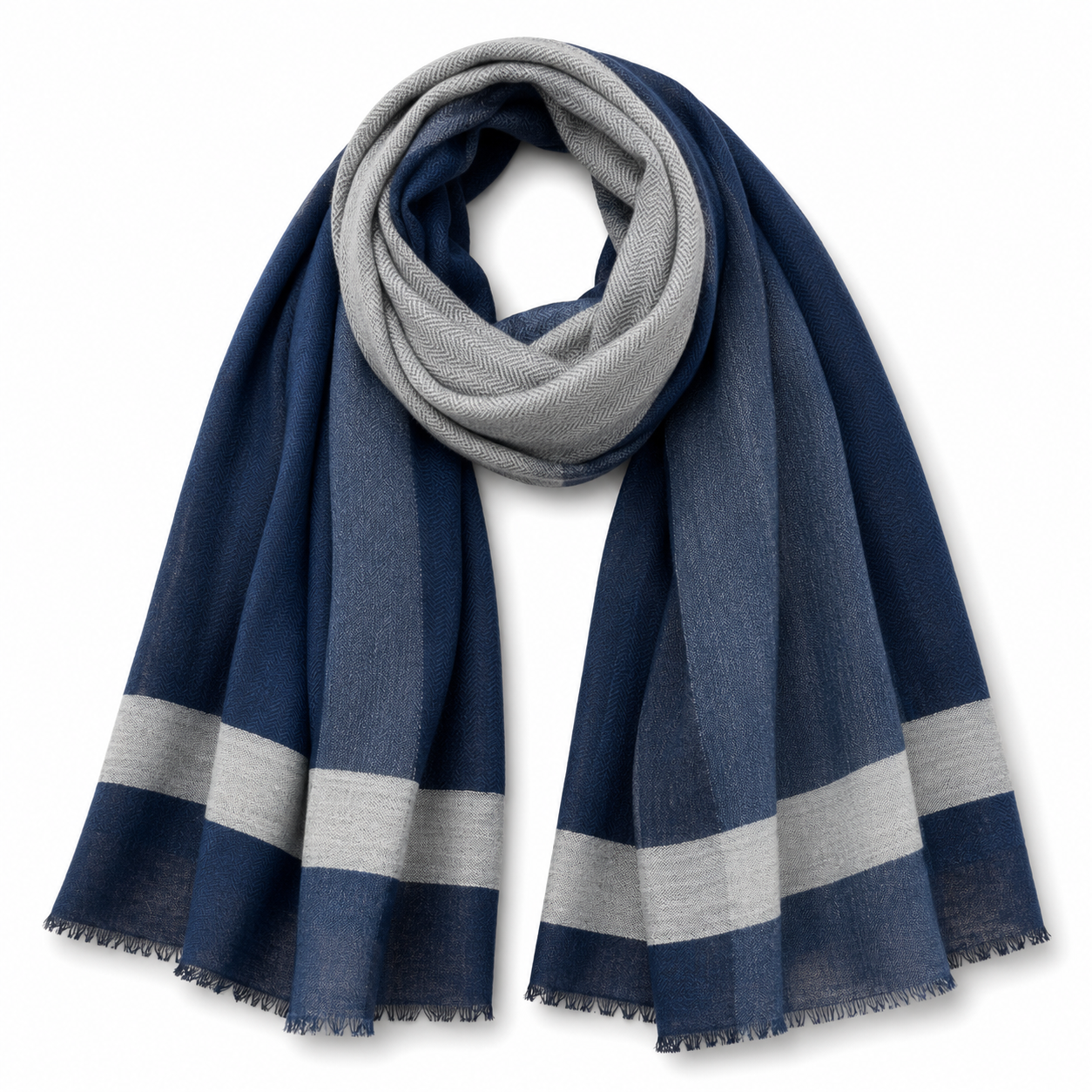 Merino Wool Silk scarf light weight deep navy blue and grey colorway 