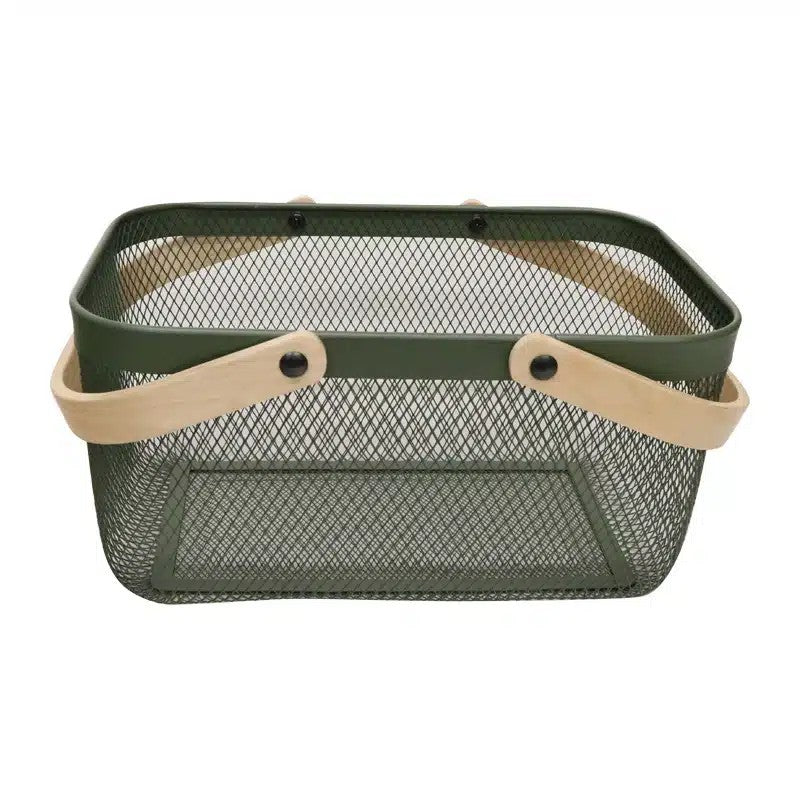 A green mesh storage basket with bamboo handles.