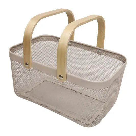 An ivory mesh basket with bamboo handles