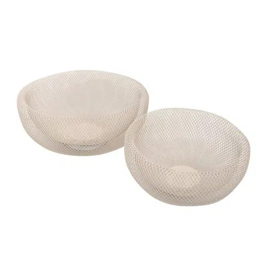 Two beige mesh bowls of different sizes placed one inside the other.