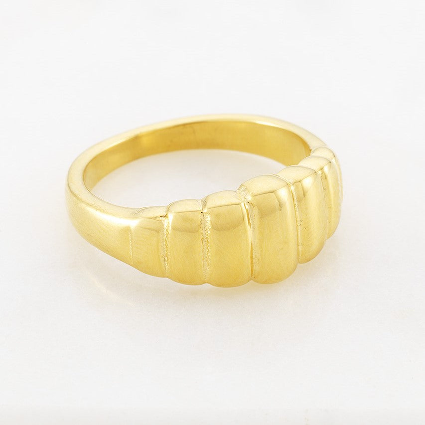 A gold-colored ring with a smooth finish,