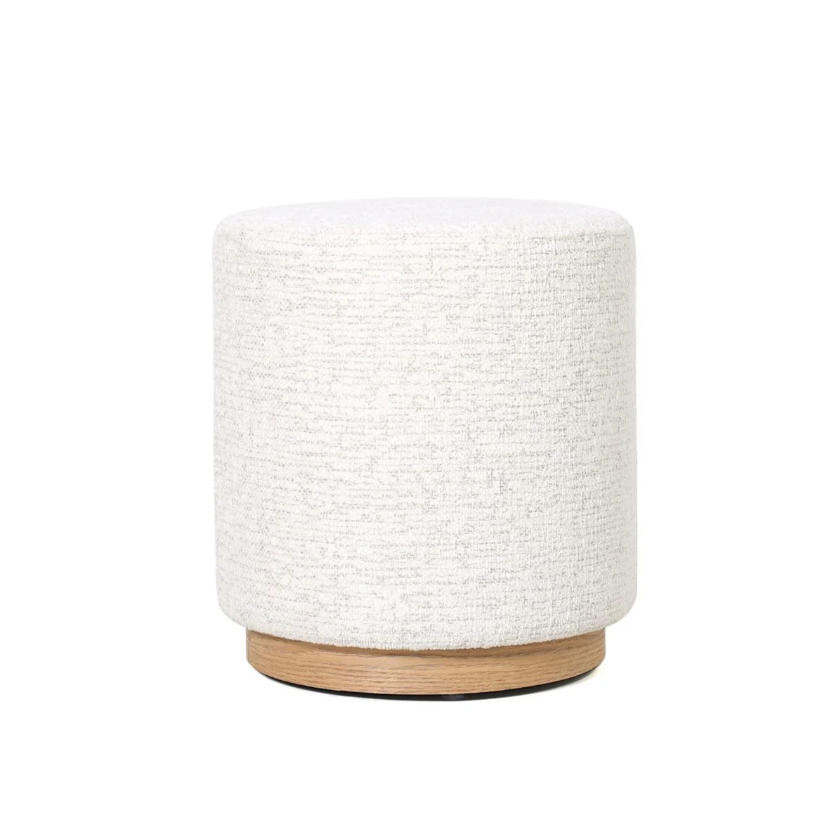 White textured cylindrical stool with wooden base 