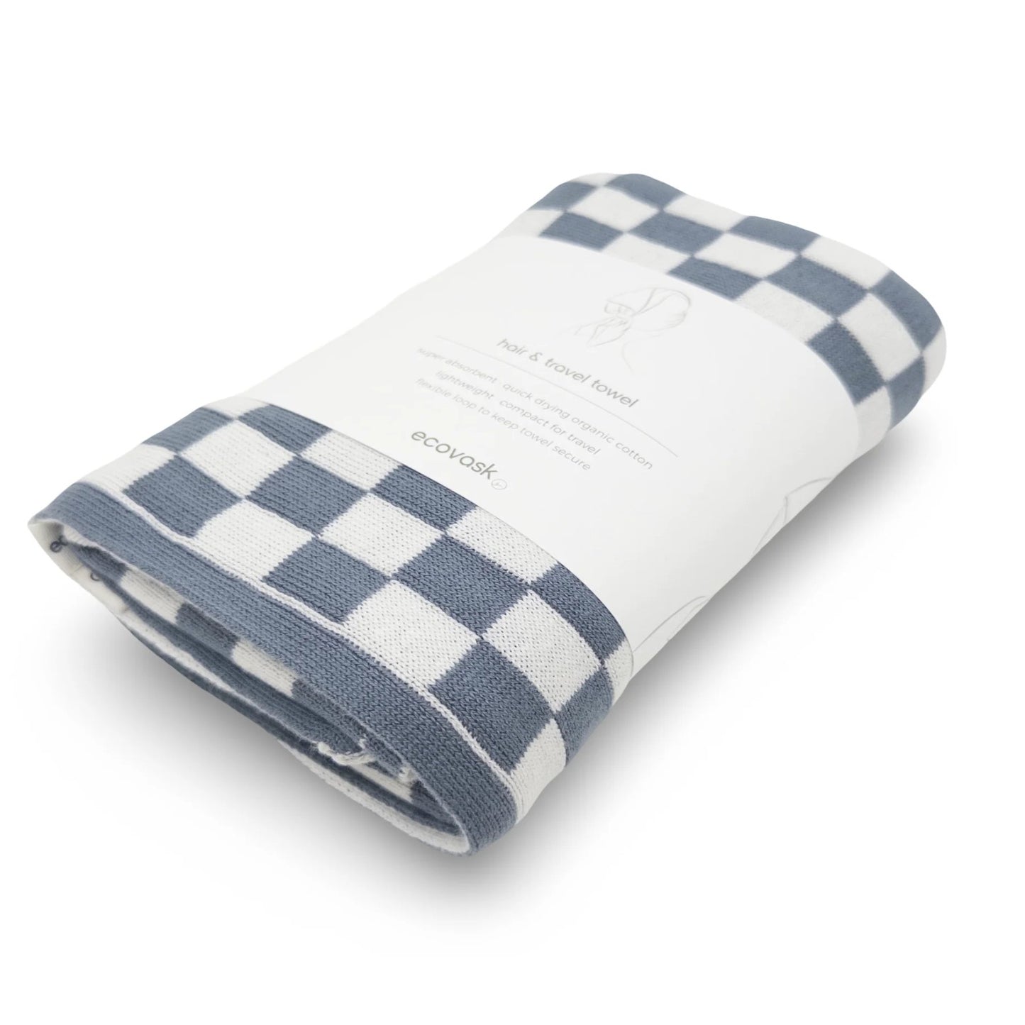 Folded blue and white checkered hair and travel towel with 'ecoock' branding