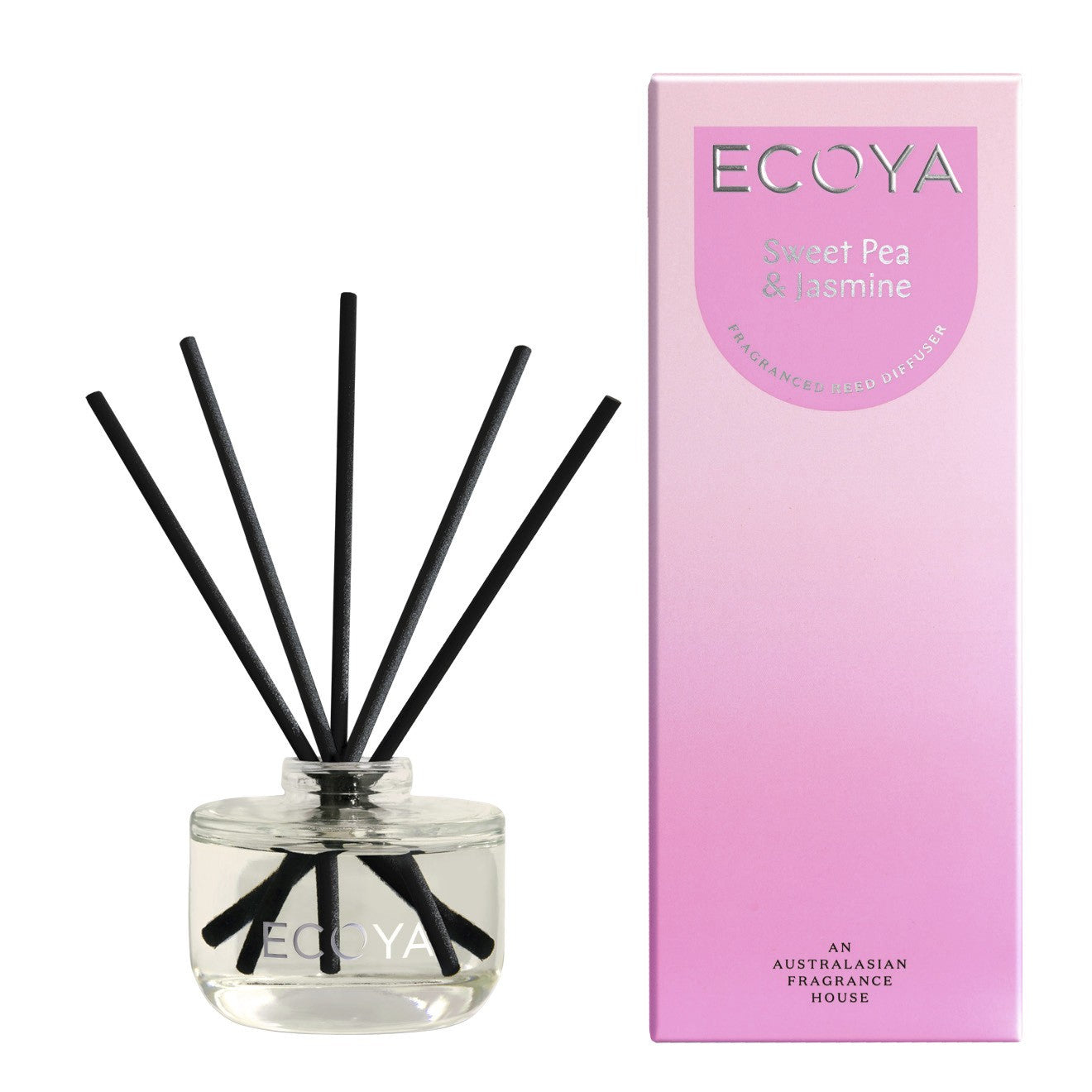 Ecoya Sweet Pea & Jasmine diffuser with packaging on a white background