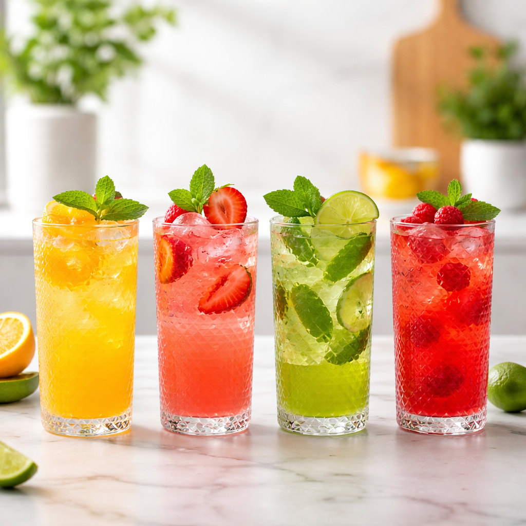 A set of four glasses with textured pattern on the outside 