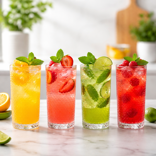 A set of four glasses with textured pattern on the outside 