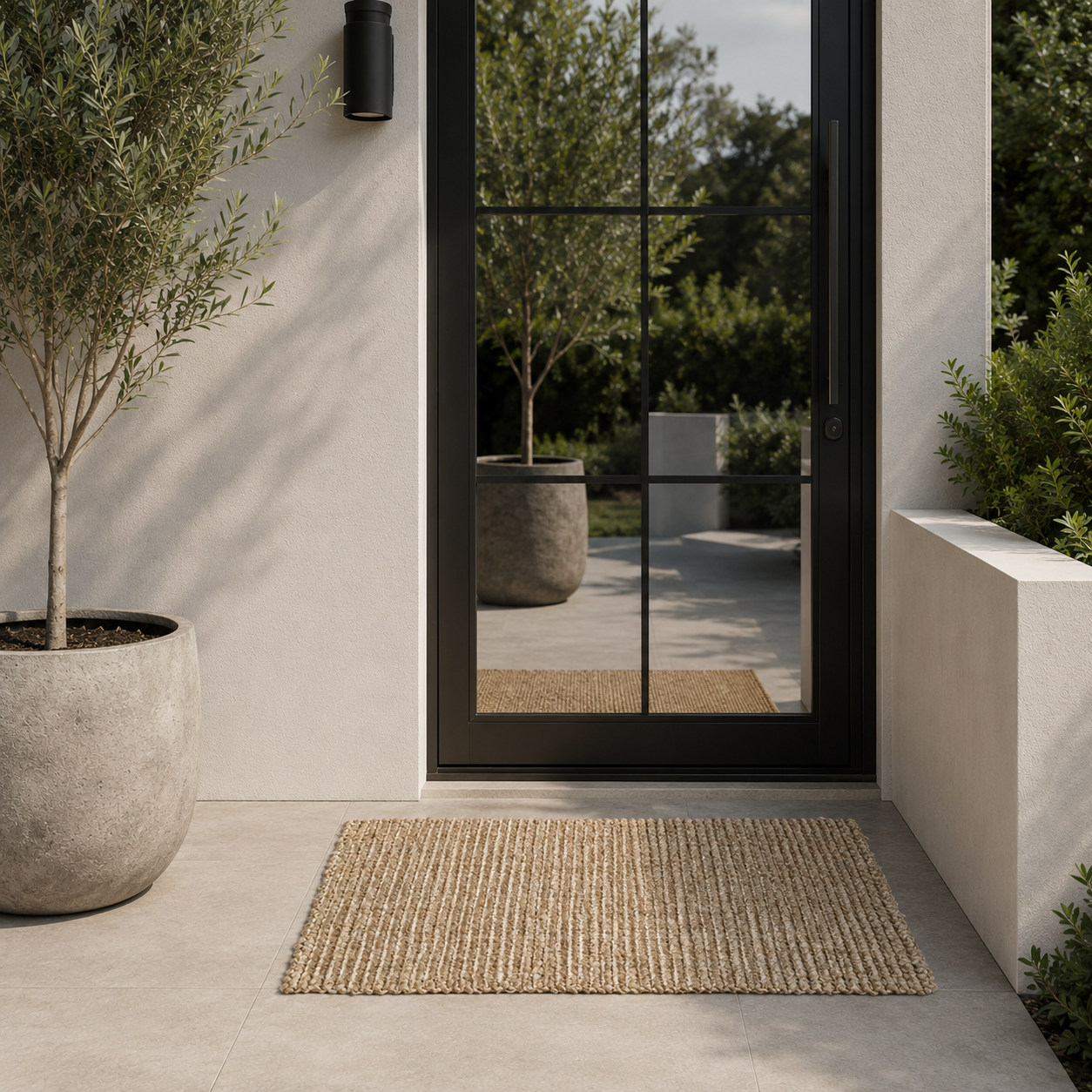 A rectangular natural jute doormat placed in front of a modern black-framed glass entryway on a light concrete patio,