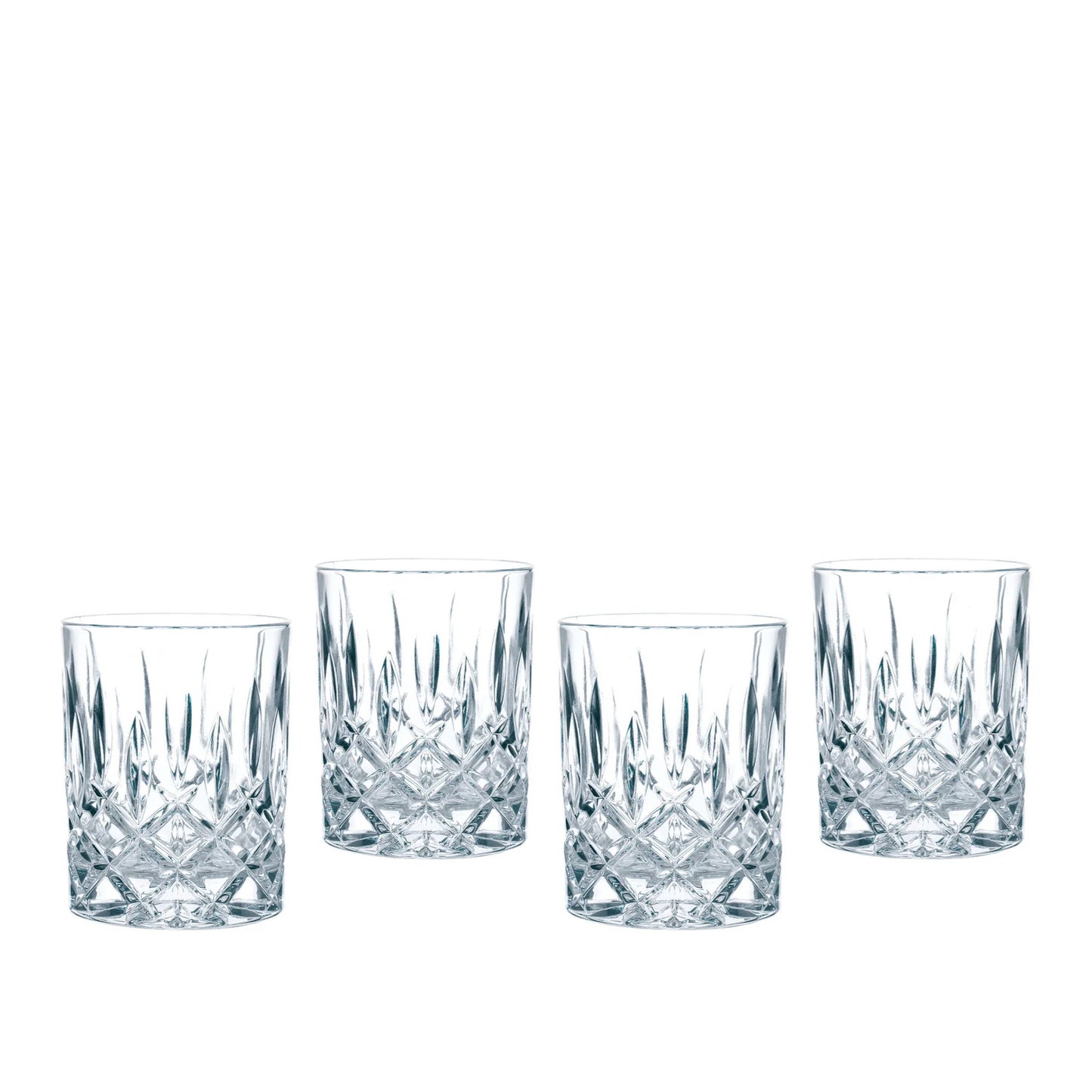 Four clear cut-crystal style whiskey glasses arranged in a row on a plain white background.