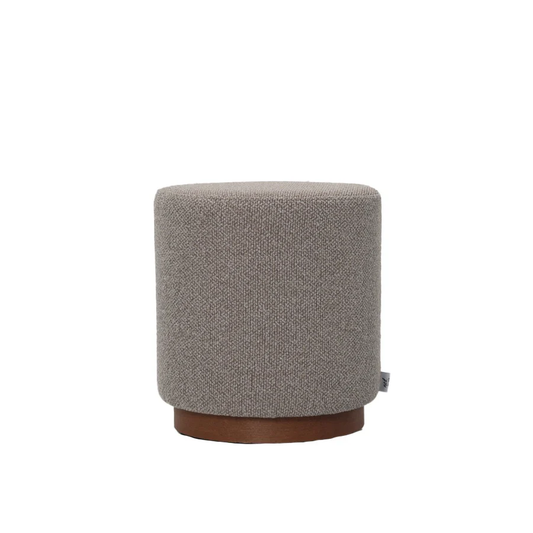 Gray textured ottoman with a brown base on a white background