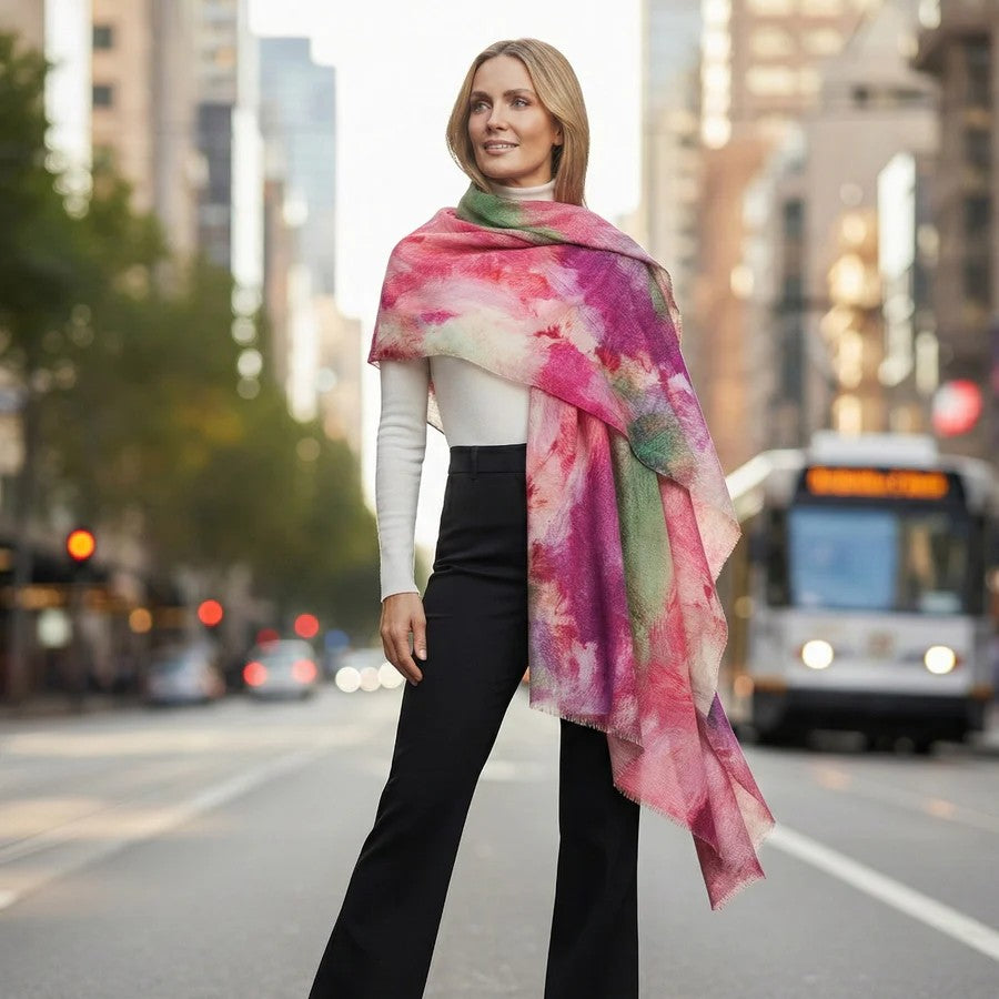 Woman wearing a colorful merino wool scarf on a city street